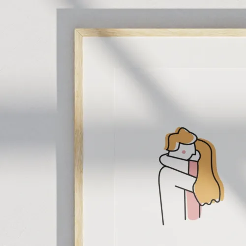 minimalistlik joonistus kahest inimesest kallistamas, seinapilt Kallistus